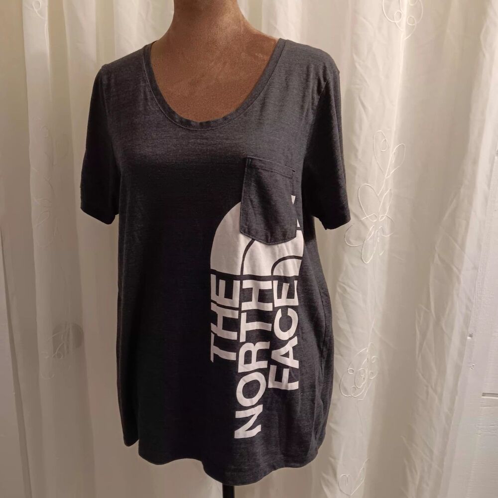 Women Large Noth Face Tee Pocket Side Logo Scoop Neck Exercise Casualcore Shirt
